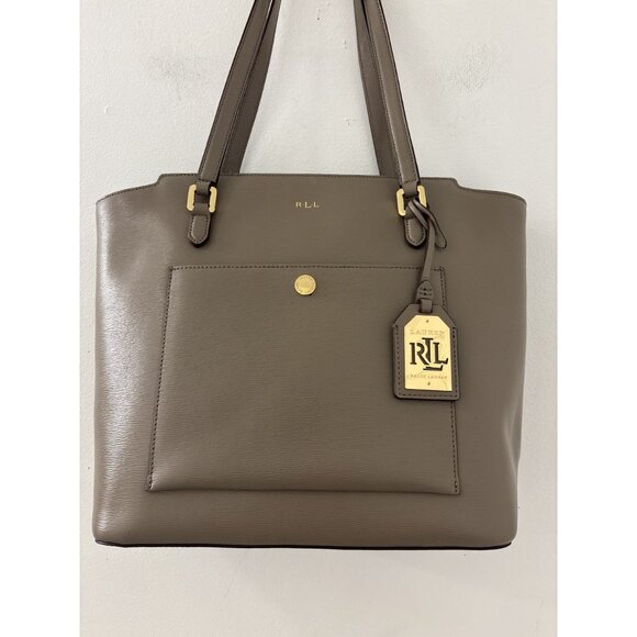 Lauren Ralph Lauren Saffiano Cow Leather Tan Cream Newbury Classic Tote Bag Y2K - Picture 3 of 8
